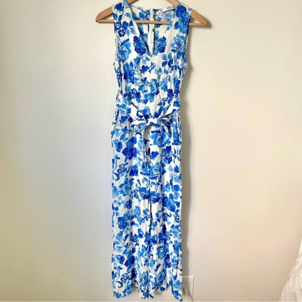 Mango Floral-Print Jumpsuit With Tie Blue and White Print Size Extra Small - Picture 6 of 14